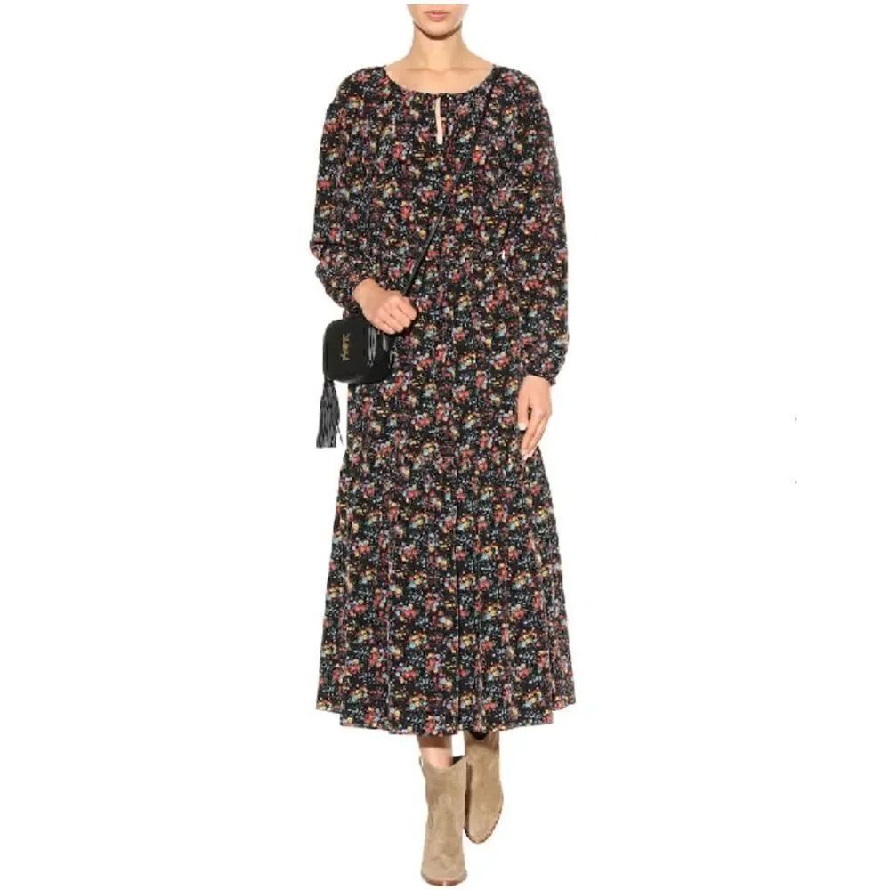 Saint Laurent Bouquet-Print Peasant Midi Dress, Black Pattern Women’s Sz Small S